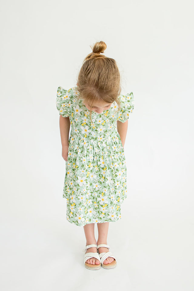 Girl’s Light Green and Yellow Floral Ruffle Button-Down Dress