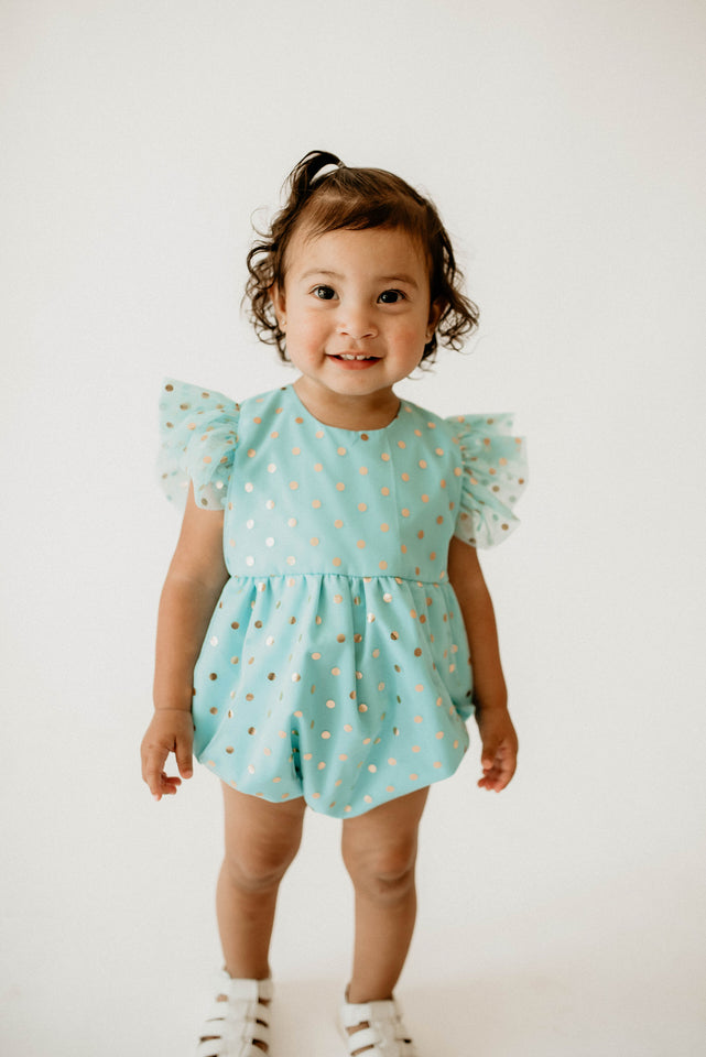Infant Girl's Turquoise and Gold Polka Dot Tulle Bubble Romper