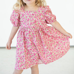 girls pink floral puff sleeve dress