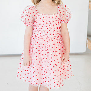 Girl's Pink Tulle and Red Hearts Puff Sleeve Dress with Ruched Chest Detail