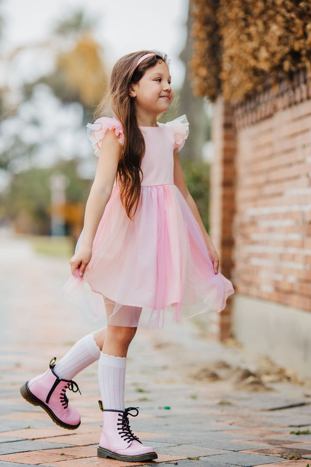 Little Girl's Pink Ombre Flutter Sleeve Tulle Dress