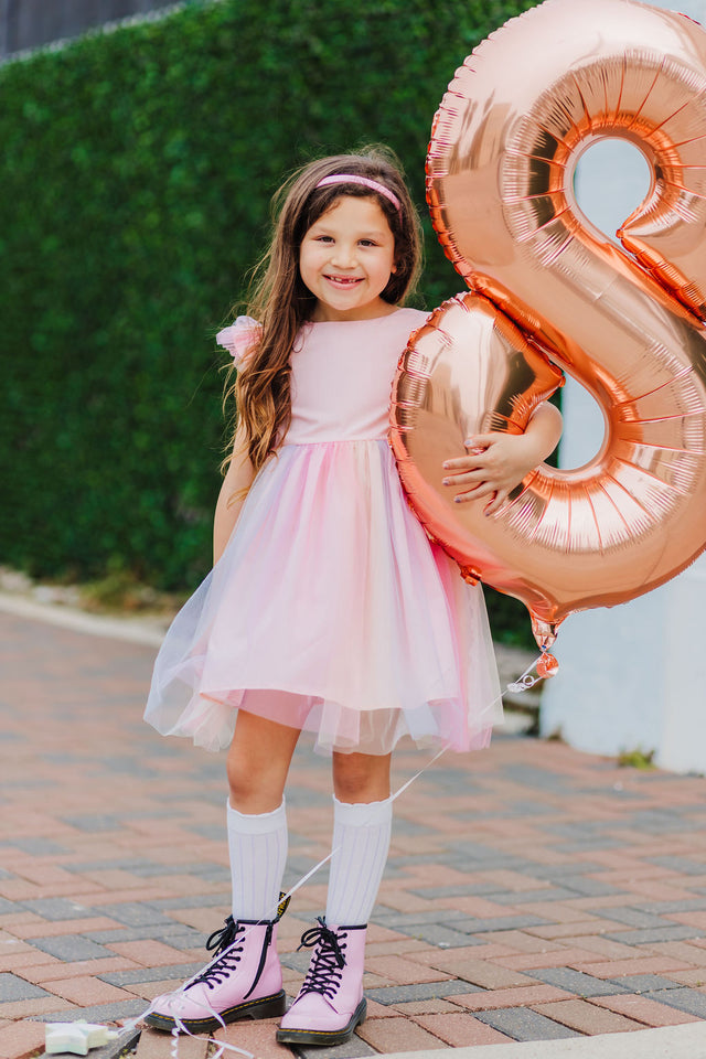Little Girl's Pink Ombre Flutter Sleeve Tulle Dress