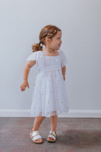 girls white and gold tulle dress