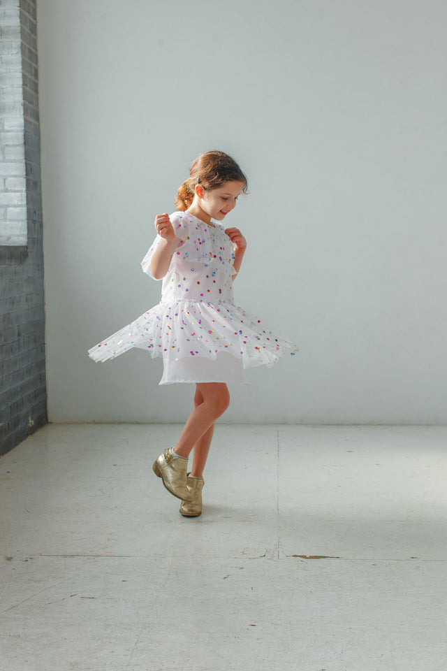 Little Girl's White Tulle Confetti Polka Dot Party Dress