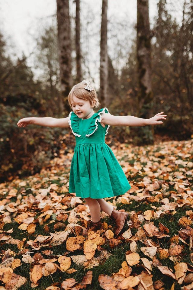 Little Girl's Kelly Green Linen Ruffle Dress