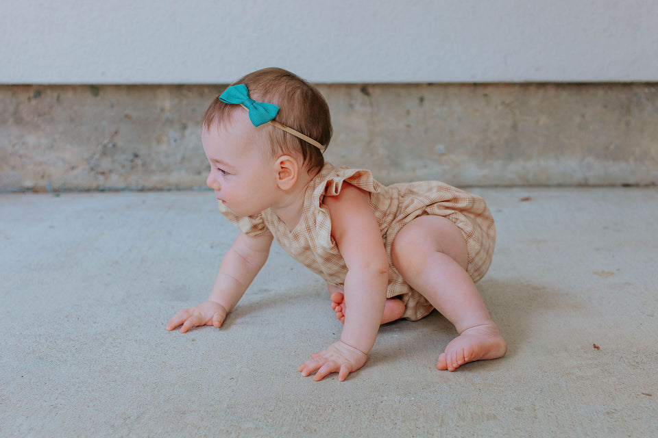 infant girl beige plaid bubble romper