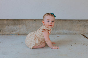 Infant Girl's Beige Plaid Ruffle Sleeve Bubble Romper