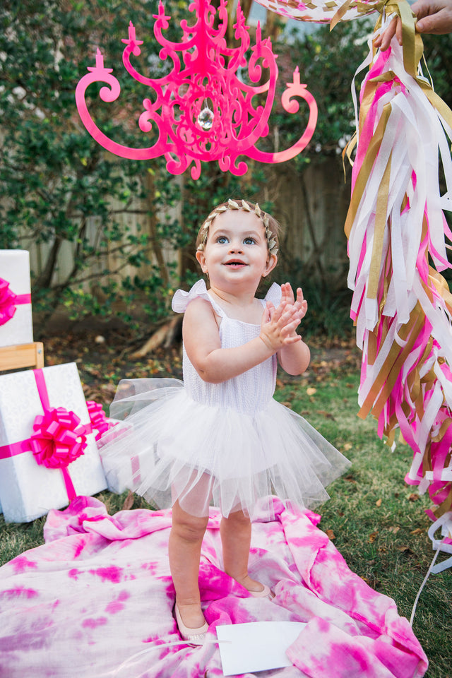 Infant Girl's Pink Seersucker and White Tulle Flutter Sleeve Bubble Romper