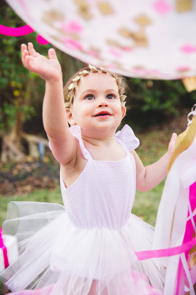 Infant Girl's Pink Seersucker and White Tulle Flutter Sleeve Bubble Romper
