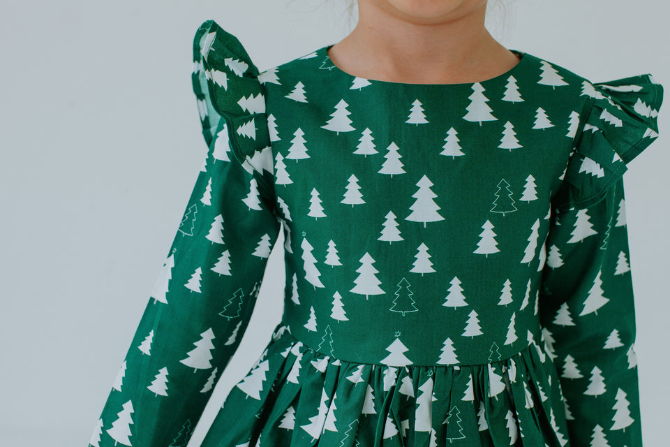 Little Girl's Green Hygge Christmas Tree Cotton Dress
