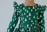 Little Girl's Green Hygge Christmas Tree Cotton Dress
