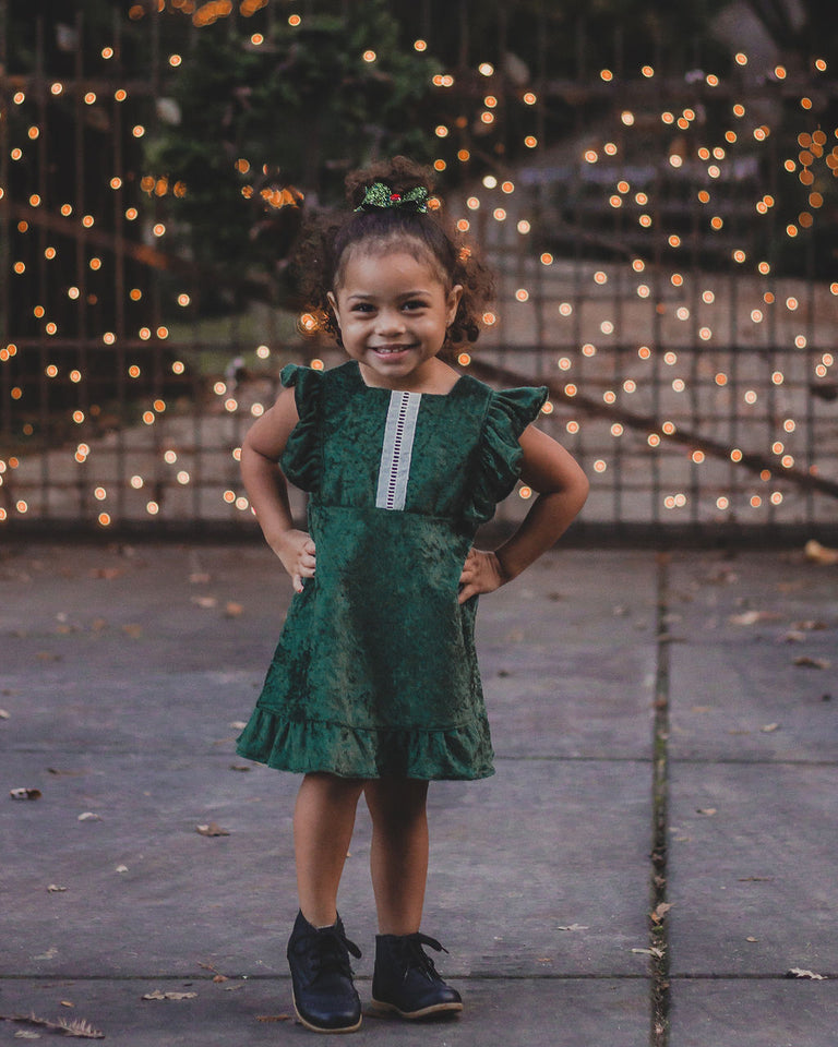 Girl's Green Crushed Velvet Christmas Dress