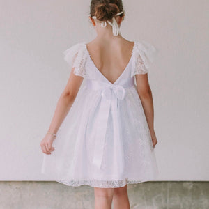 Little Girl's White Leaf Lace Flutter Sleeve Scoop Back Flower Girl Dress
