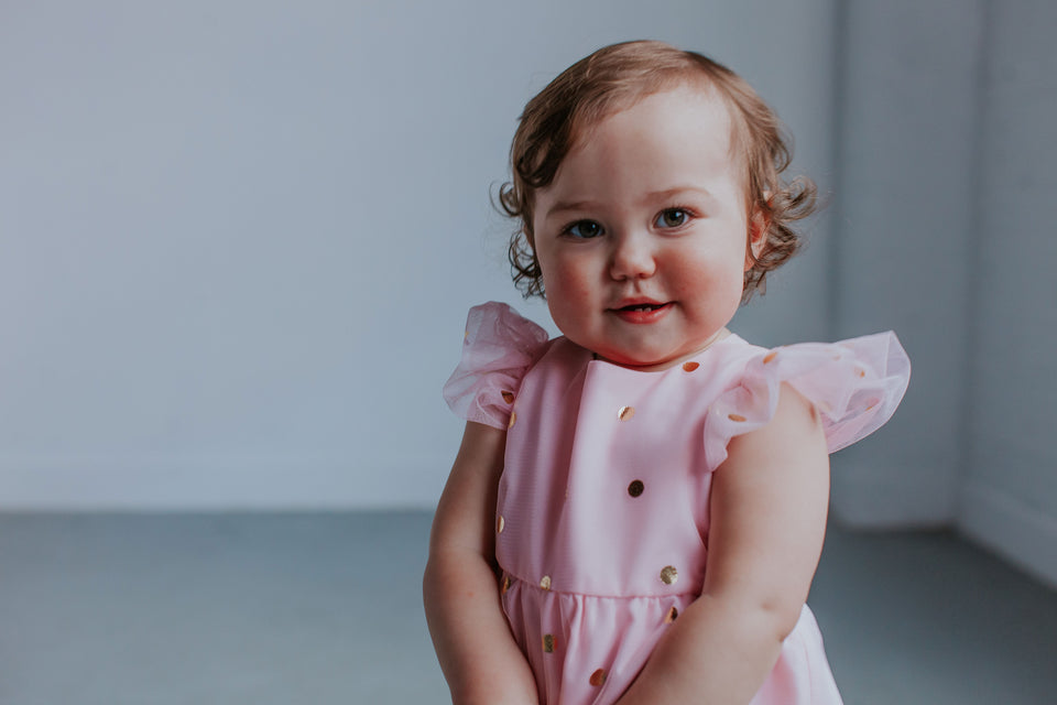 Infant Girl's Pink Tulle Romper with Gold Polka Dots