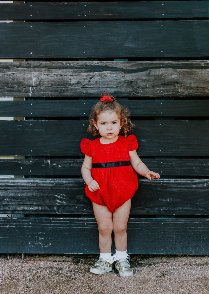 Infant Girl's Red Lace Bubble Romper with Black Satin Sash