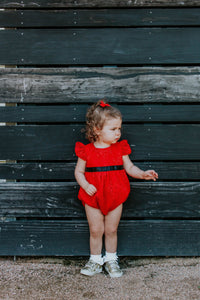 infant girls special occasion red lace bubble romper with black sash belt