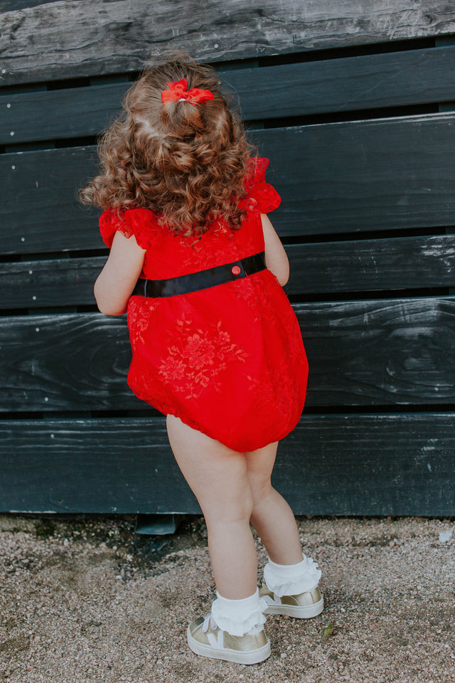 red lace christmas bubble romper with black satin belt