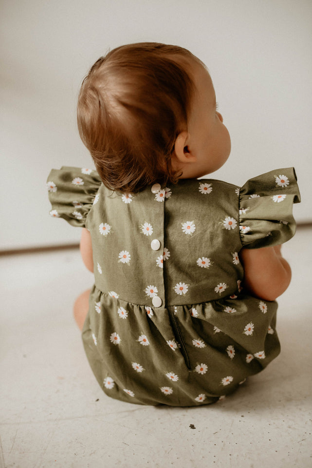 Infant Girl's Olive Green Daisy Print Bubble Romper
