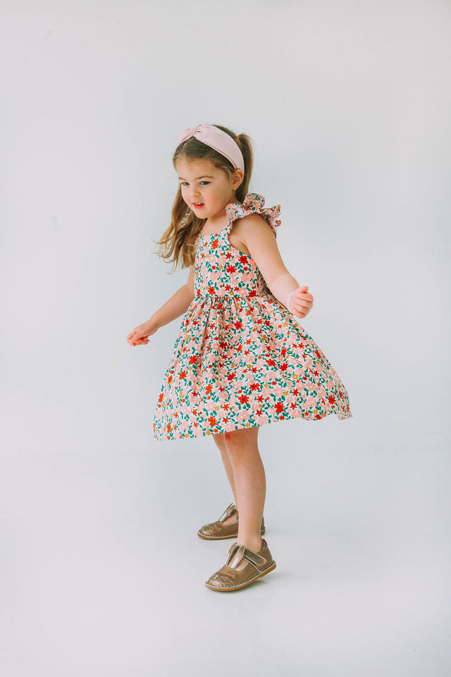little girls pink red and gold floral twirl dress with flutter sleeves