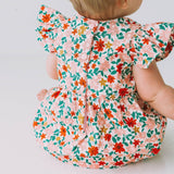 infant girls pink red and gold floral bubble romper