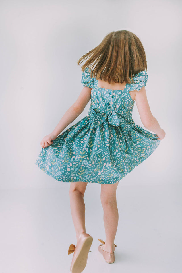Little Girl's Sage Green Floral Flutter Sleeve Twirl Dress
