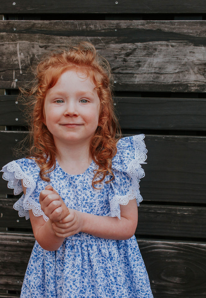 little girls blue and white floral lace dress