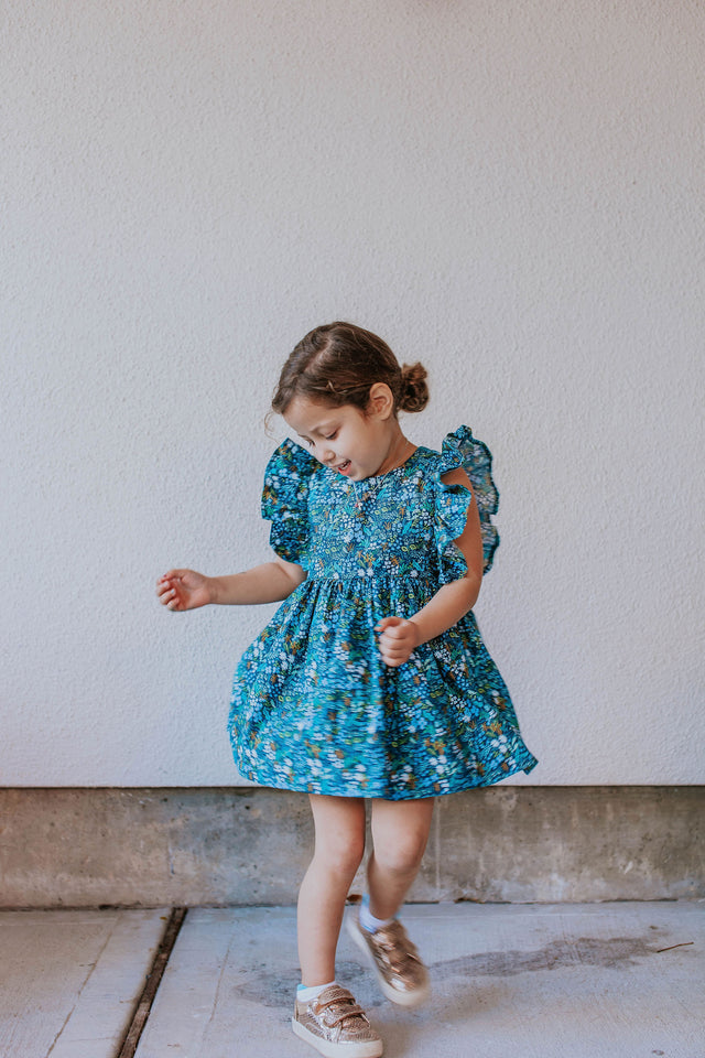 Little Girl's Blue and Yellow Rifle Paper Floral Print Ruffle Cotton Dress
