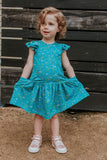 Little Girl's Turquoise Floral Jersey Three Pocket Dress