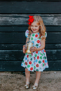 Little Girl's Multicolor Christmas Sweater Print Ruffle Sleeve Cotton Dress