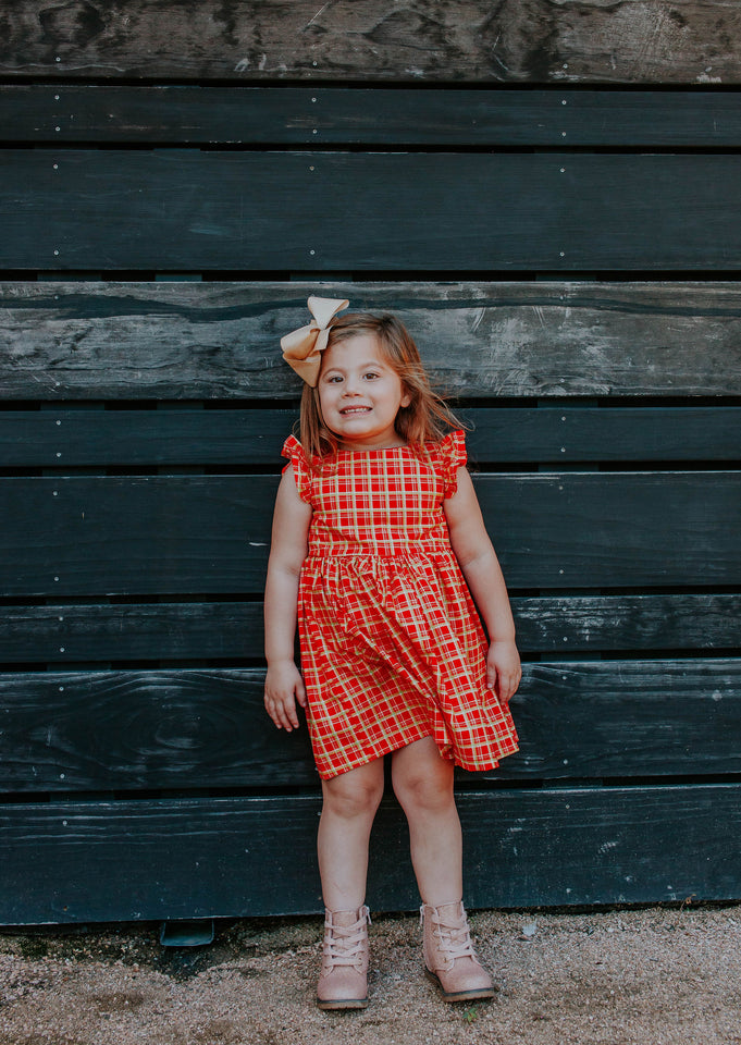Little Girl's Red and Gold Tartan Print Cotton Christmas Dress