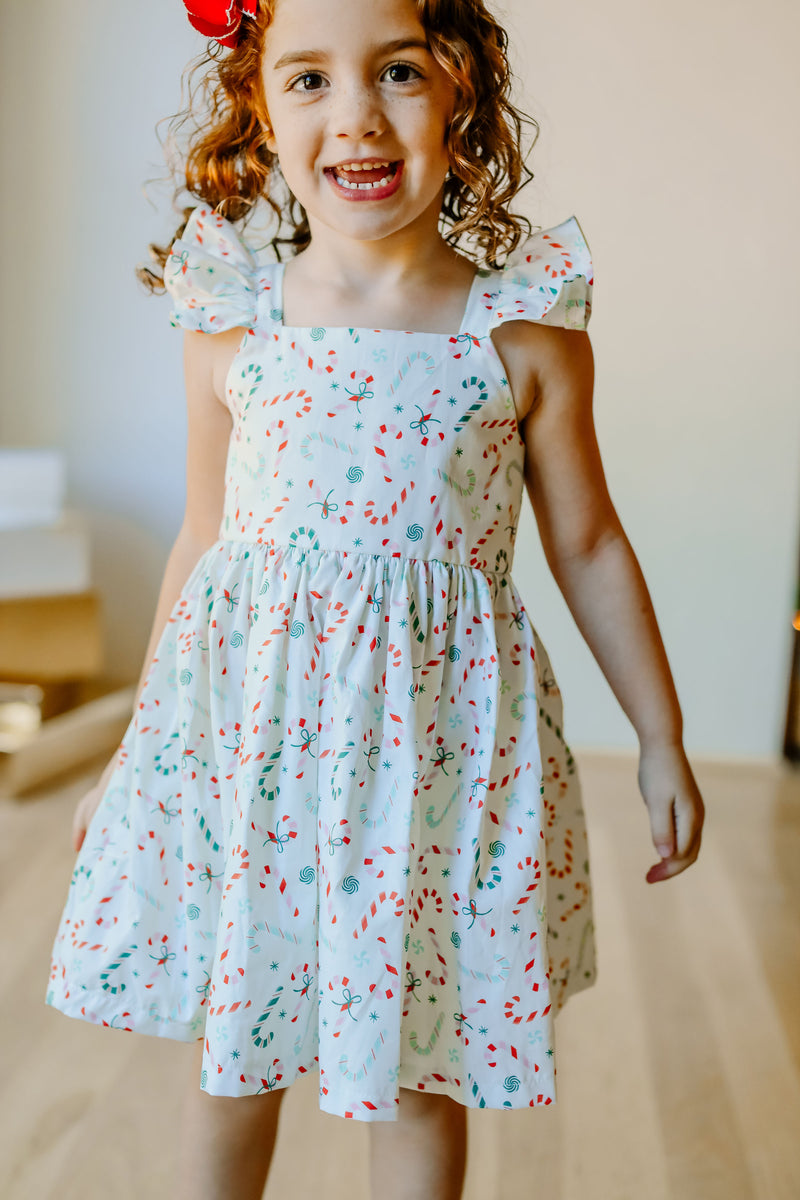 Little Girls Ditsy Candy Cane Print Christmas Dress – cuteheads image.