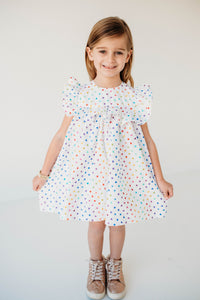 Little Girl's Multicolor Rainbow Hearts Valentines Day Ruffle Collar Shift Dress