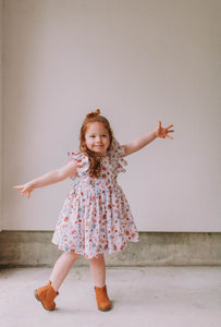 Little Girl's Muted Neutral Brown Floral Print Pinafore Dress