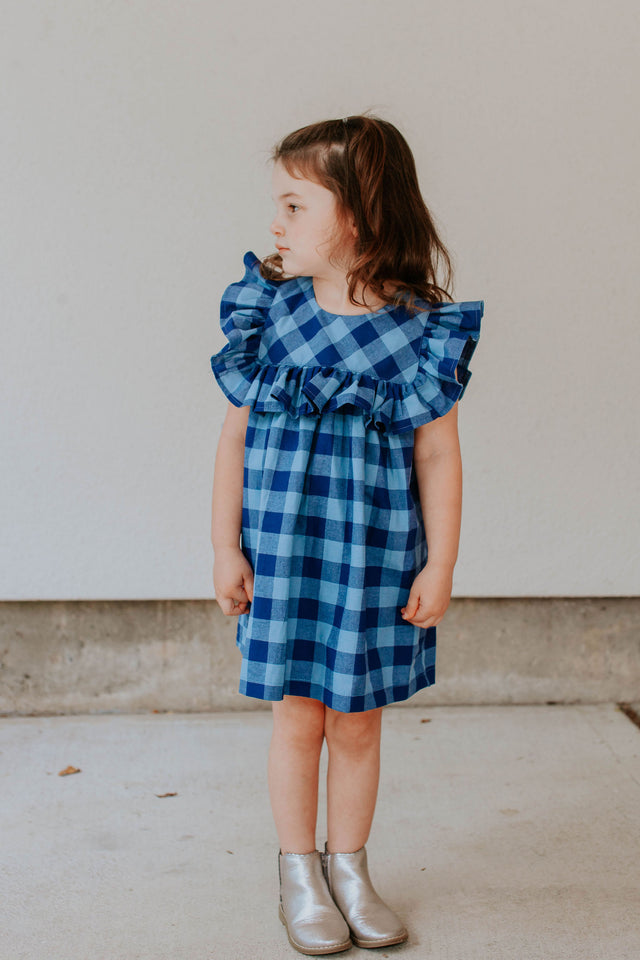 little girls navy and blue plaid ruffle collar cotton dress
