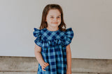 Little Girl's Navy and Blue Plaid Ruffle Collar Cotton Shift Dress