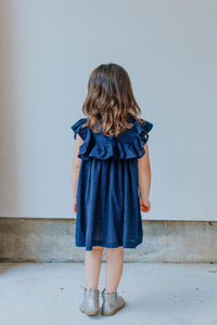 Little Girl's Navy Swiss Dot Ruffle Collar Cotton Shift Dress