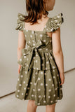 Girl's Olive Green and White Daisy Print Peplum Twirl Dress