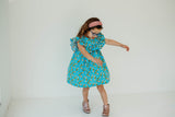 Little Girl's Blue Sufganiyot and Gelt Print Ruffle Collar Hanukkah Dress