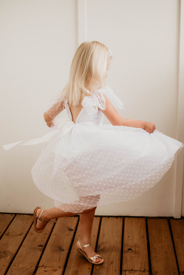 little girls white designer flower girl dress