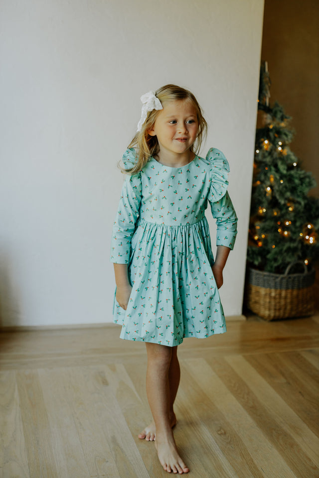 little girls turquoise blue holly print christmas dress