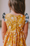 Little Girl's Yellow Floral Twirl Dress with Contrasting Flutter Sleeves