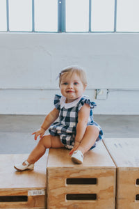 infant Girl’s Navy Buffalo Plaid Bubble Romper with Peter Pan Collar