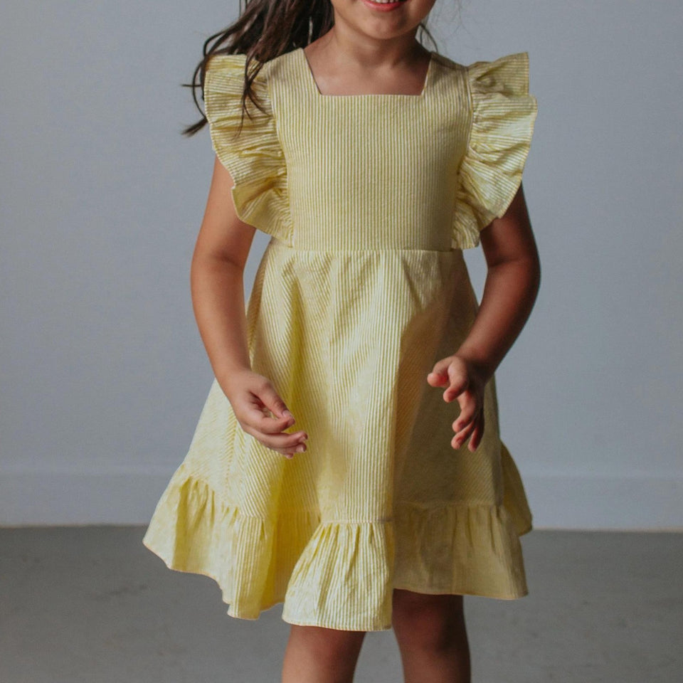 Girl's Yellow Seersucker Flutter Sleeve Dress