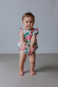 Infant Girl’s Pink and Green Boho Floral Print Double Gauze Bubble Romper