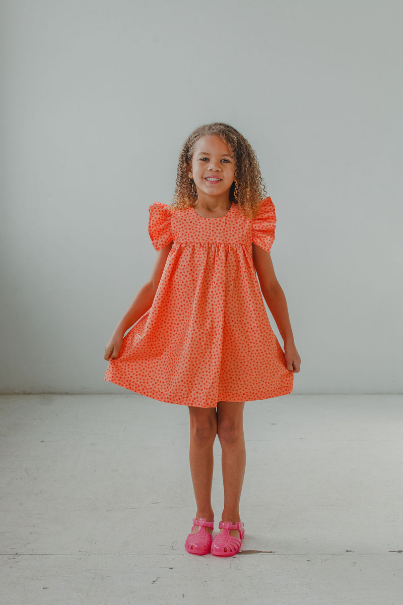 Little Girl s Orange Polka Dot Flutter Sleeve Caftan Dress cuteheads
