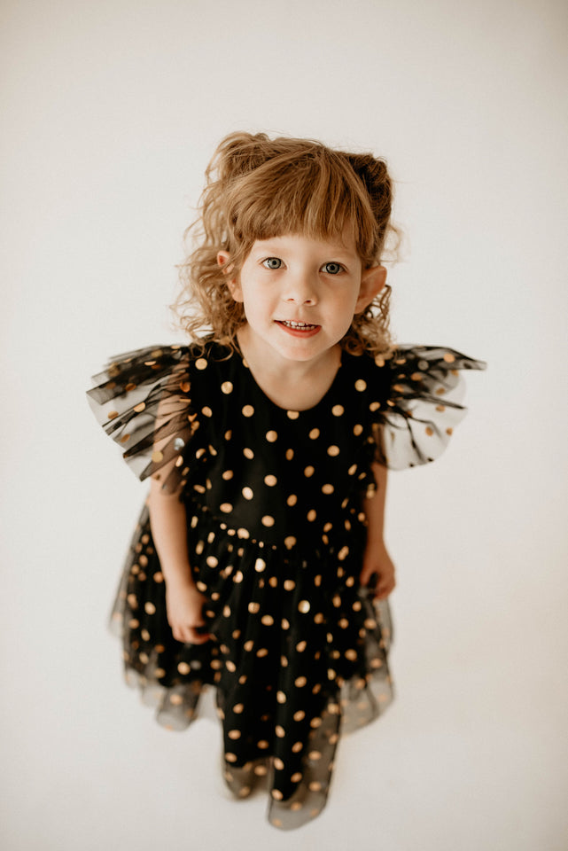 Girl’s Black and Gold Polka Dot Tulle Pinafore Twirl Dress