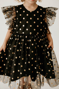 Girl’s Black and Gold Polka Dot Tulle Pinafore Twirl Dress
