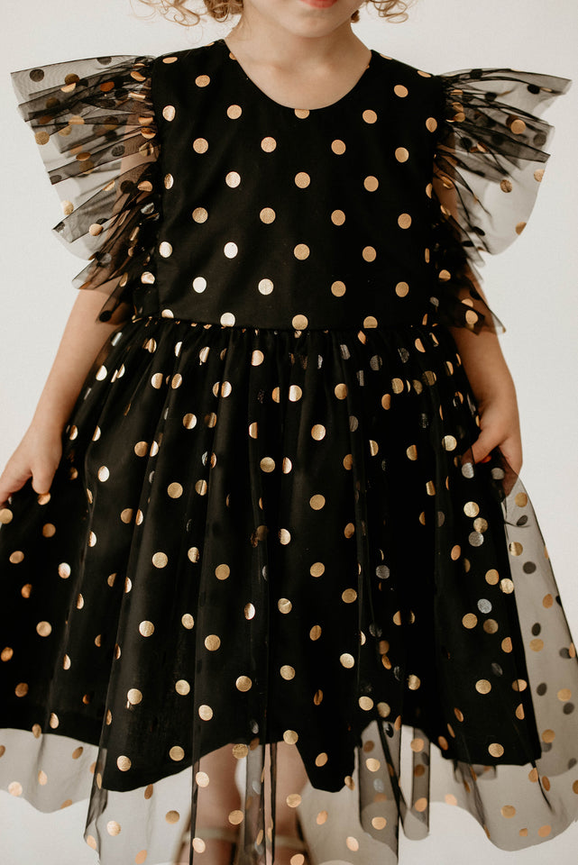 Girl’s Black and Gold Polka Dot Tulle Pinafore Twirl Dress