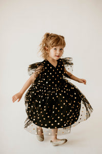 Girl’s Black and Gold Polka Dot Tulle Pinafore Twirl Dress