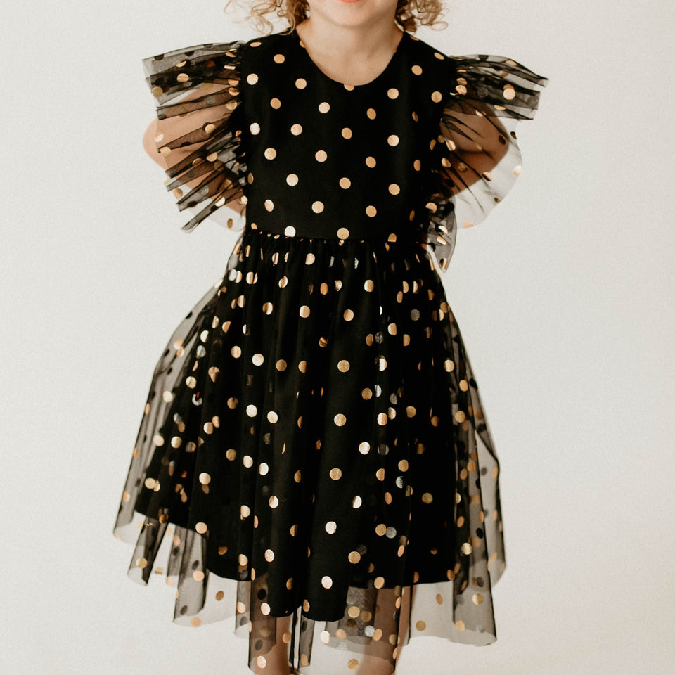 Girl’s Black and Gold Polka Dot Tulle Pinafore Twirl Dress